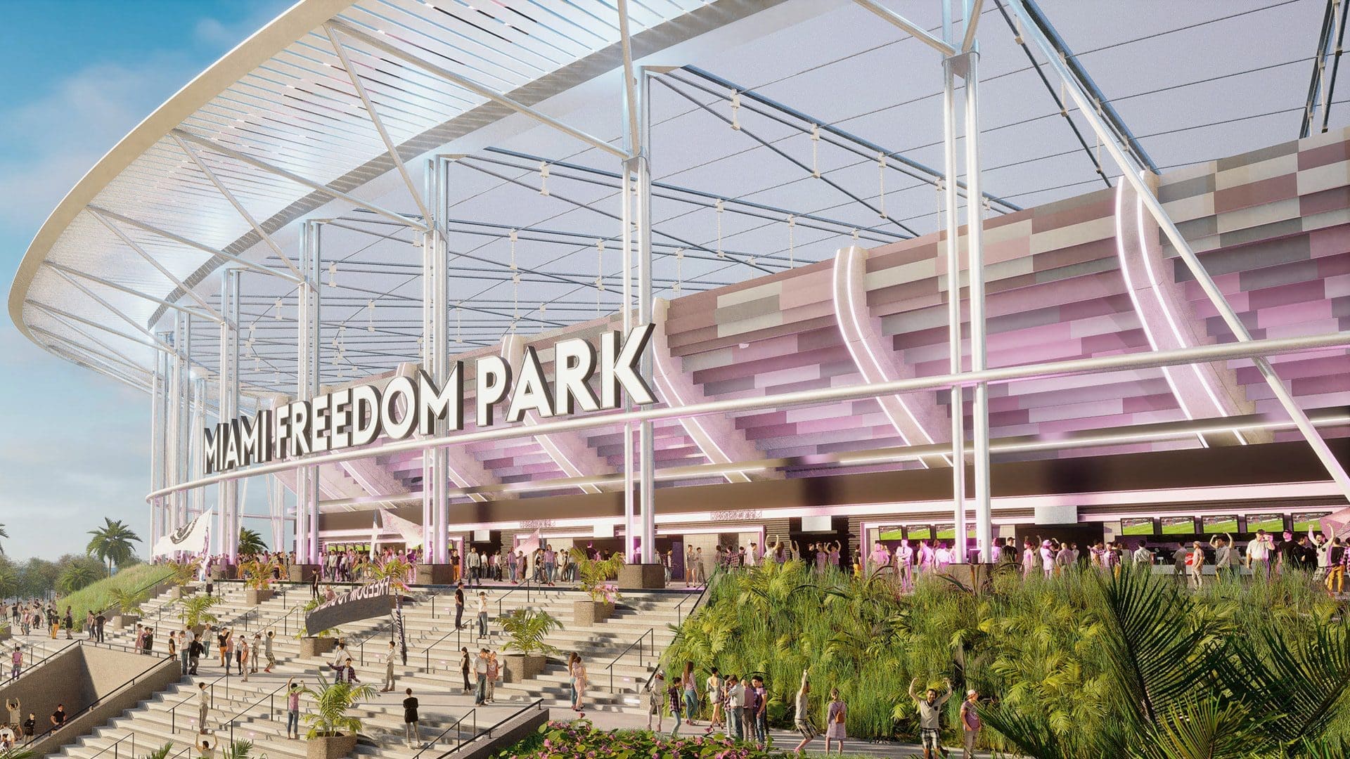 Elegant modern stadium entrance at Mamie Freedom Park with vibrant crowds and lush landscaping, emphasizing sports and entertainment venues.