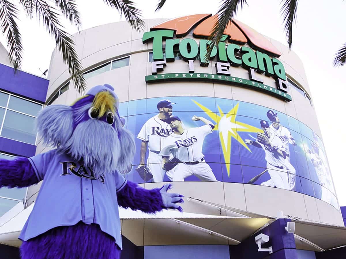 Mascot in front of Tropicana Field stadium, home of the Tampa Bay Rays baseball team in St. Petersburg, Florida.
