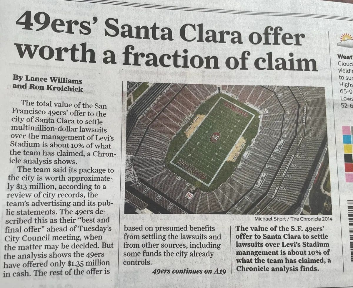 San Francisco 49ers stadium offer settlement, legal case, lawsuit, stadium management, NFL team, sports venue.