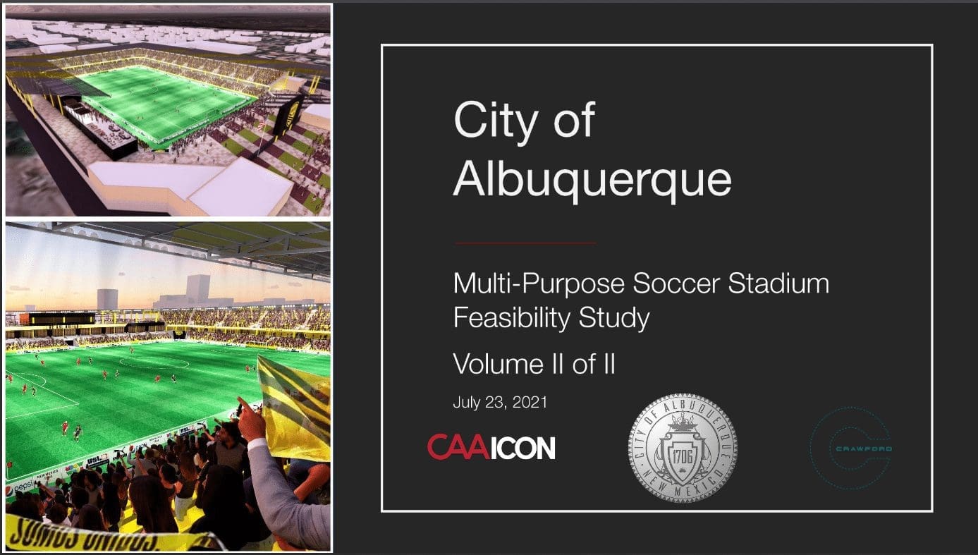 Soccer stadium design and feasibility analysis for Albuquerque, New Mexico, emphasizing multi-purpose use and community engagement.