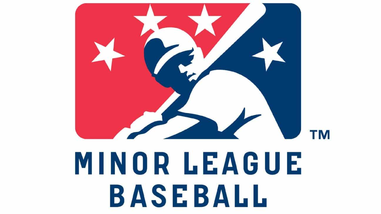 Minor League Baseball logo with patriotic stars and a player silhouette for sports marketing.