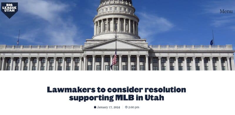 Legislature building in Utah with legislative news about MLB support, government resolution, and sports funding.