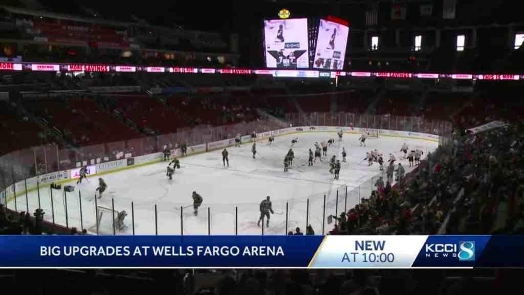 Hockey game at Wells Fargo Arena with recent upgrades and renovations.