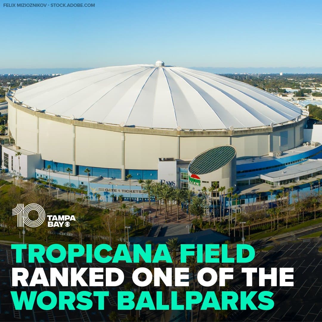 Tampa Bay Tropicana Field stadium, known for its domed roof and seating capacity, is ranked among the worst ballparks.