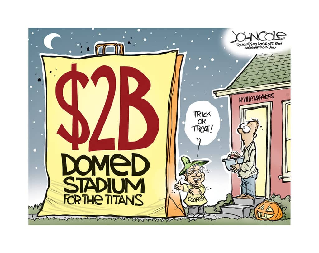 $2B funded stadium for the Titans Halloween cartoon comic illustration.