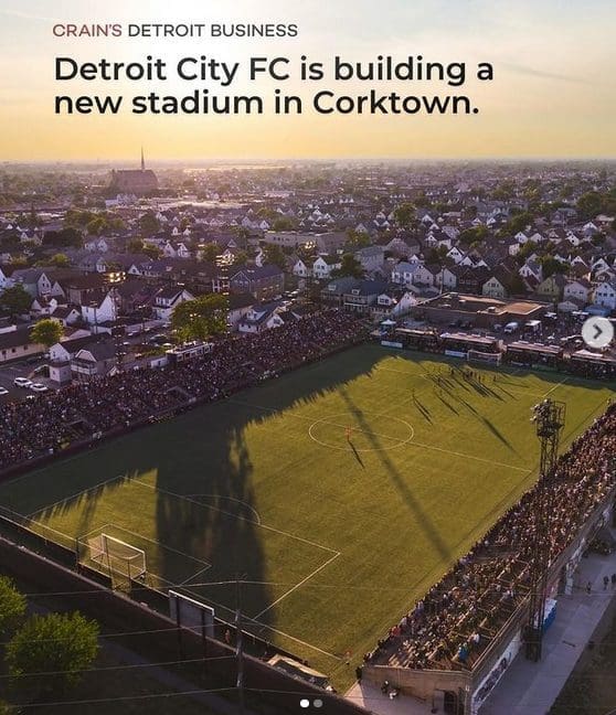 New Detroit City FC stadium in Corktown with packed soccer fans and modern facilities.