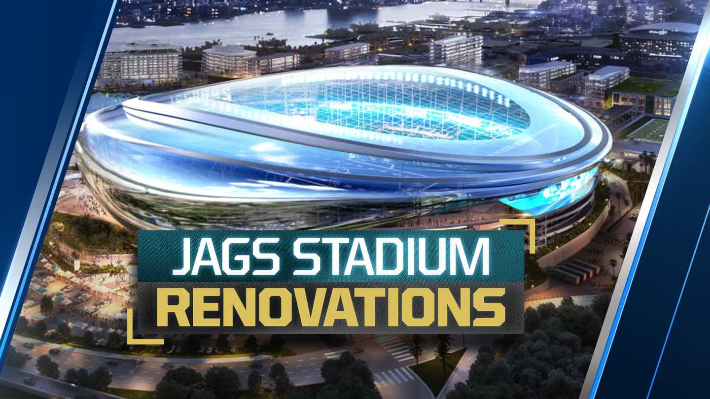 Futuristic stadium with modern renovation design for JAGS Stadium upgrade project.