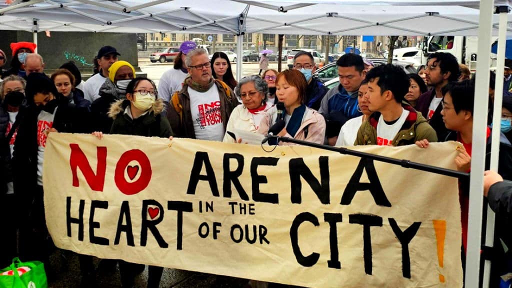 No arena in the heart of our city protest against building an arena, community fight to protect local spaces.