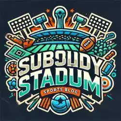 Brightly colored logo of Subsidy Stadium with sports and gaming icons for engaging sports blog SEO.