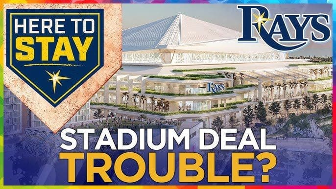 Futuristic stadium architecture with Tampa Bay Rays branding for subsidy stadium deal.