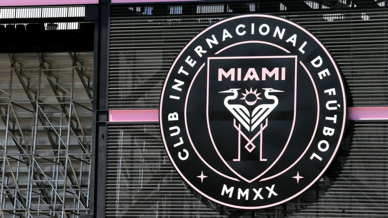 Miami FC club logo on stadium exterior, highlighting professional soccer team branding.
