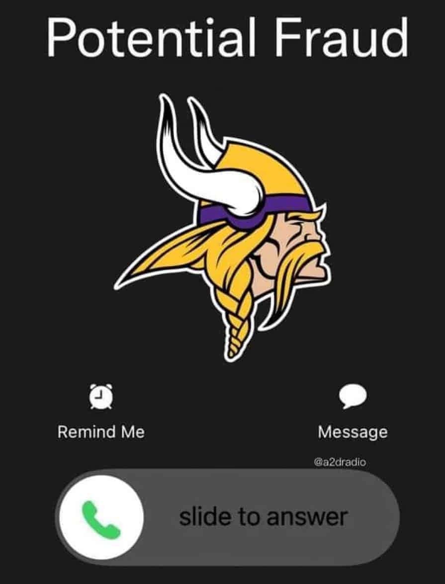 Minnesota Vikings cartoon logo with potential fraud warning text.